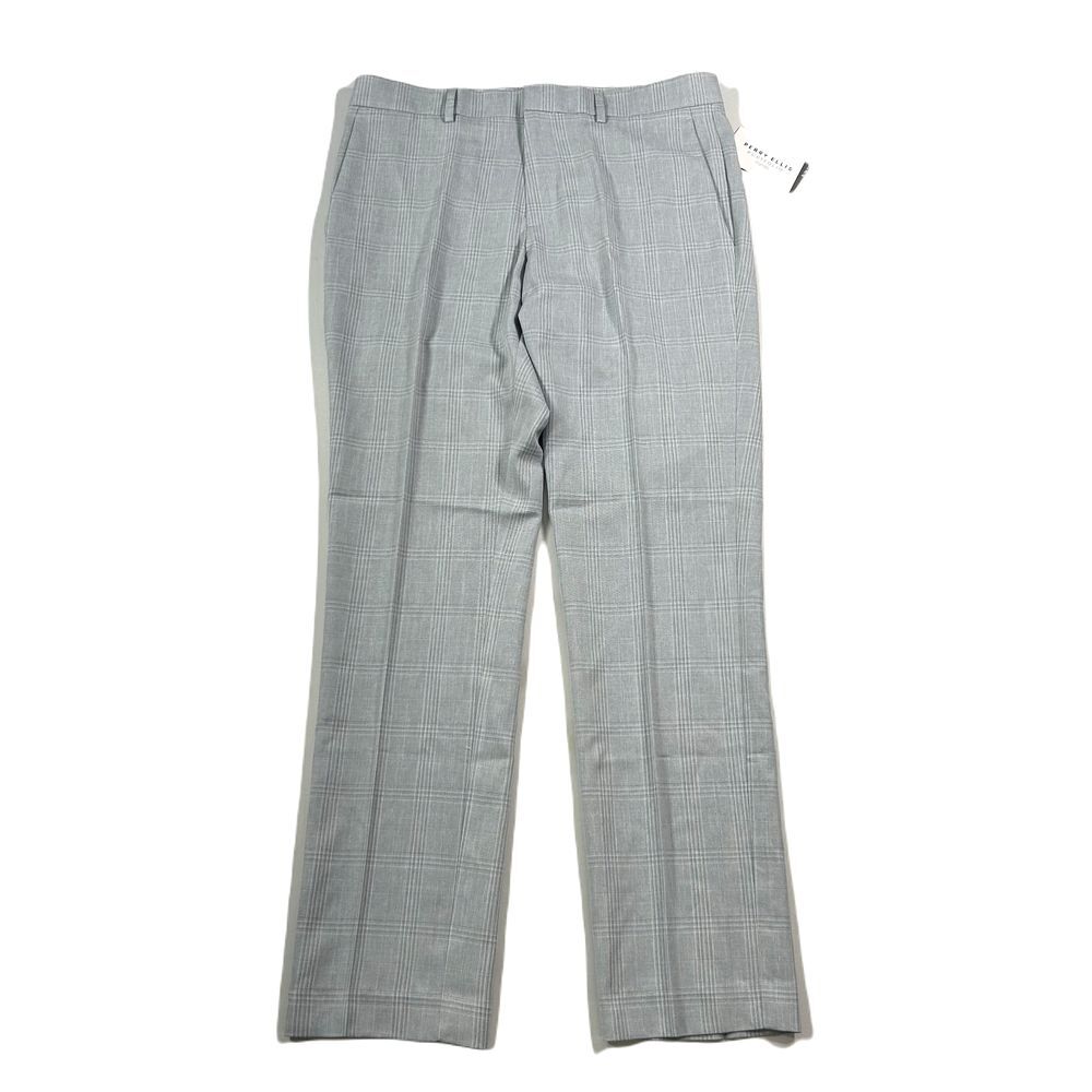 Perry‎ Ellis Slim-Fit Twill Pants Mens 33x32 Light Grey Windowpane Stretch NEW